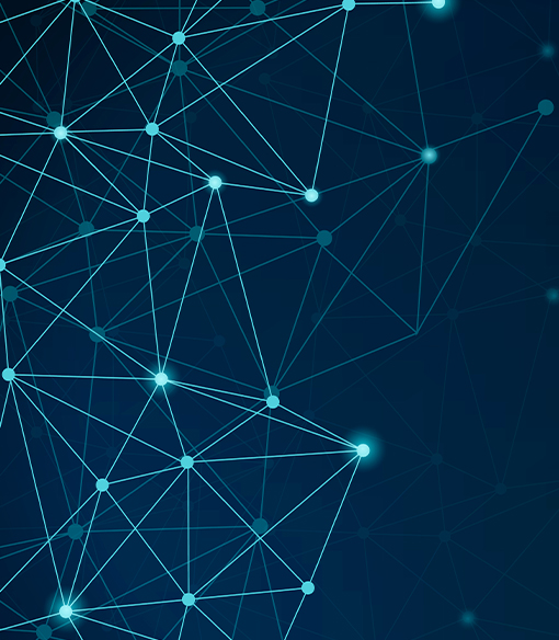 Abstract network of glowing connected nodes on a dark blue background.
