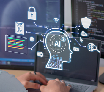 Person working at a computer with an AI icon and digital security symbols overlaid on the screen.