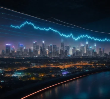 an expansive digital landscape illuminated by vibrant data streams and analytical graphs, showcasing the transformative impact of ai on ppc performance analysis with a futuristic skyline in the background.