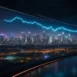 an expansive digital landscape illuminated by vibrant data streams and analytical graphs, showcasing the transformative impact of ai on ppc performance analysis with a futuristic skyline in the background.