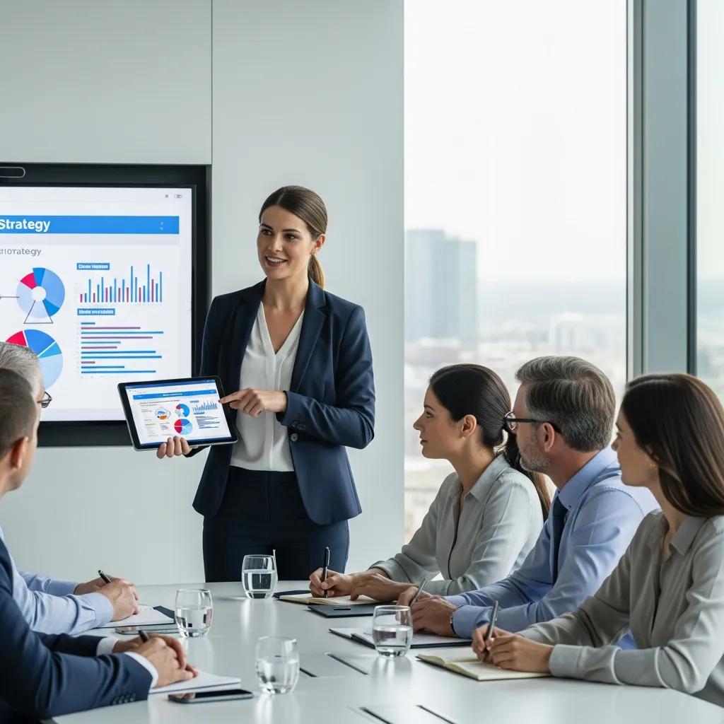Business consultant presenting a technology adoption strategy using a tablet, with stakeholders engaged in a modern conference room setting, featuring charts and data visualizations on a screen.