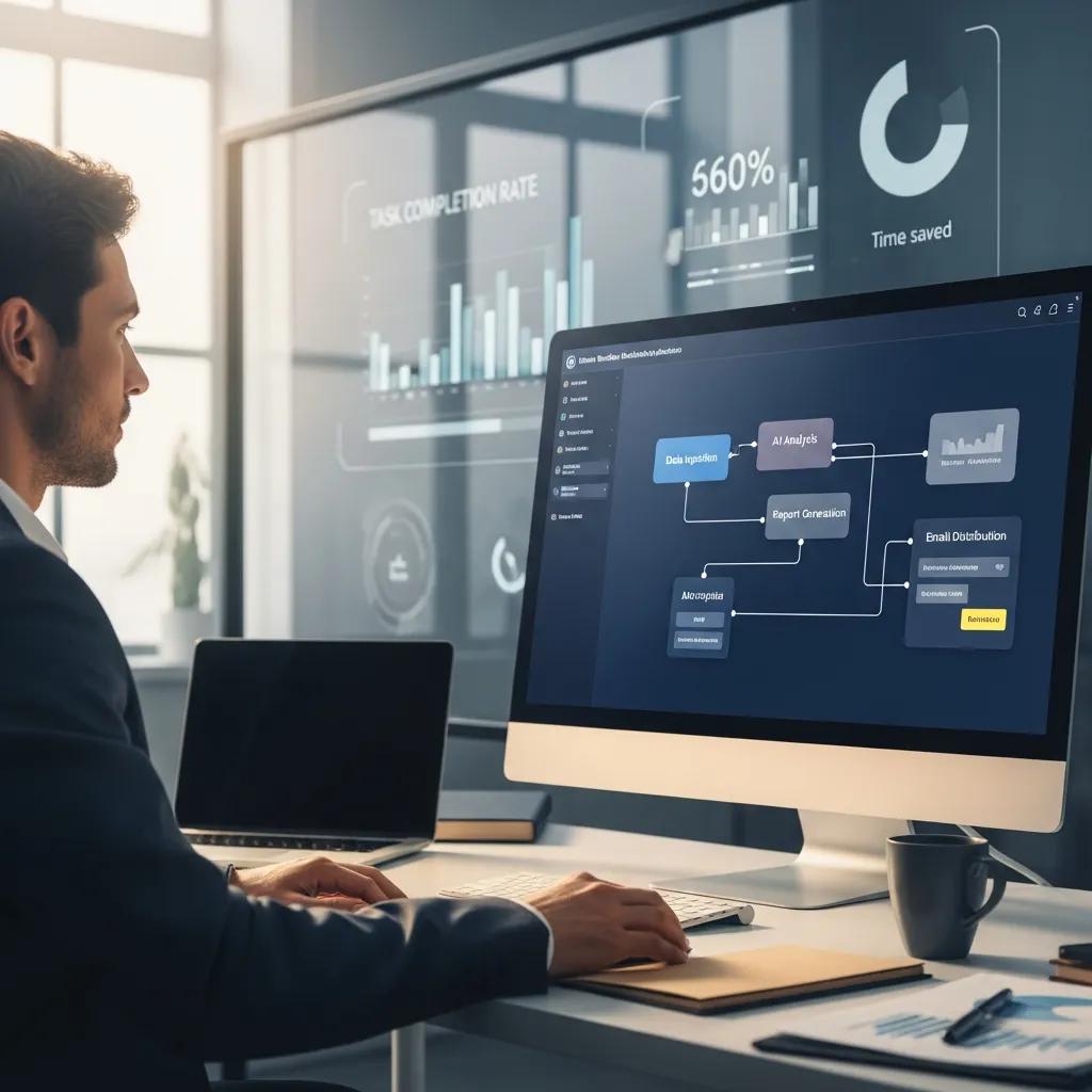 Business professional analyzing AI-driven task automation workflow on a computer in a modern office, with data visualization graphics in the background illustrating operational efficiency and productivity metrics.