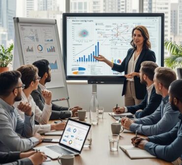 Consultant presenting machine learning insights to a small business team in a meeting