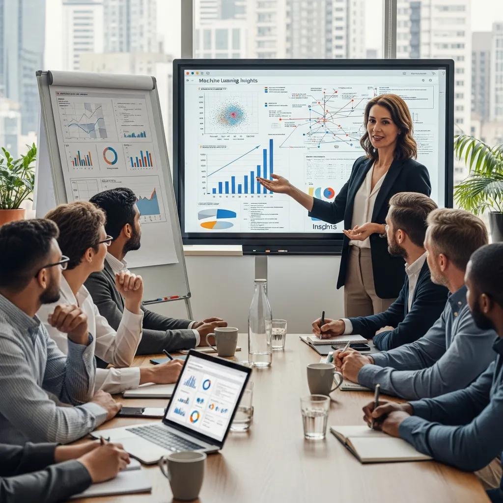 Consultant presenting machine learning insights on a digital screen to a small business team in a modern meeting room, showcasing data visualizations and analytics for informed decision-making.