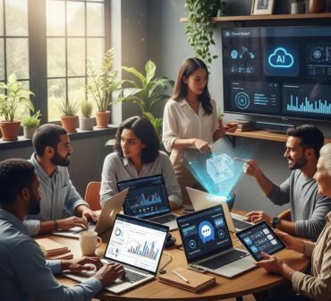 Diverse small business owners collaborating with AI technology in a modern office