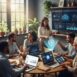 Diverse small business owners collaborating with AI technology in a modern office