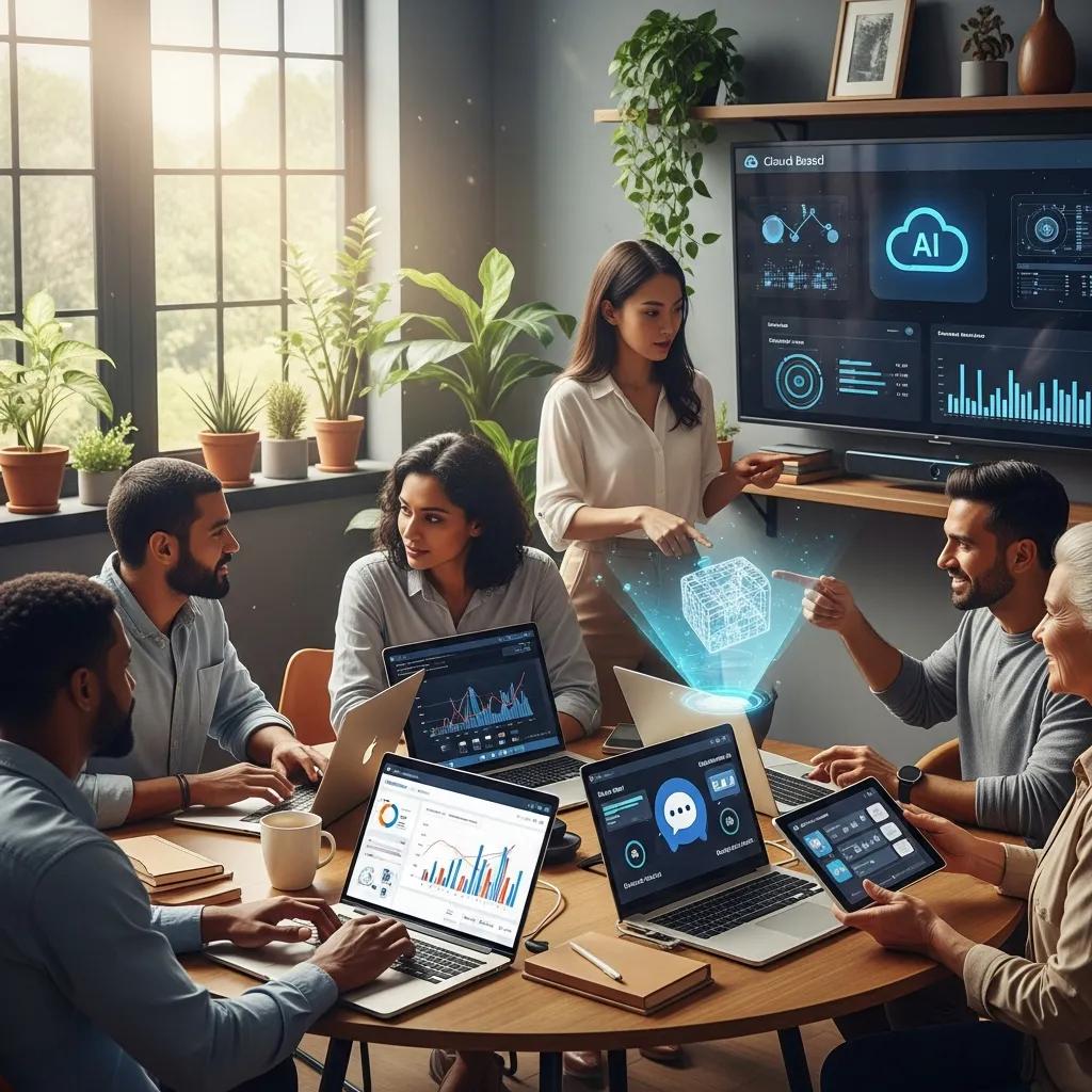 Diverse small business owners collaborating on AI-driven solutions in a modern office, utilizing laptops and digital displays to enhance operational efficiency and decision-making.