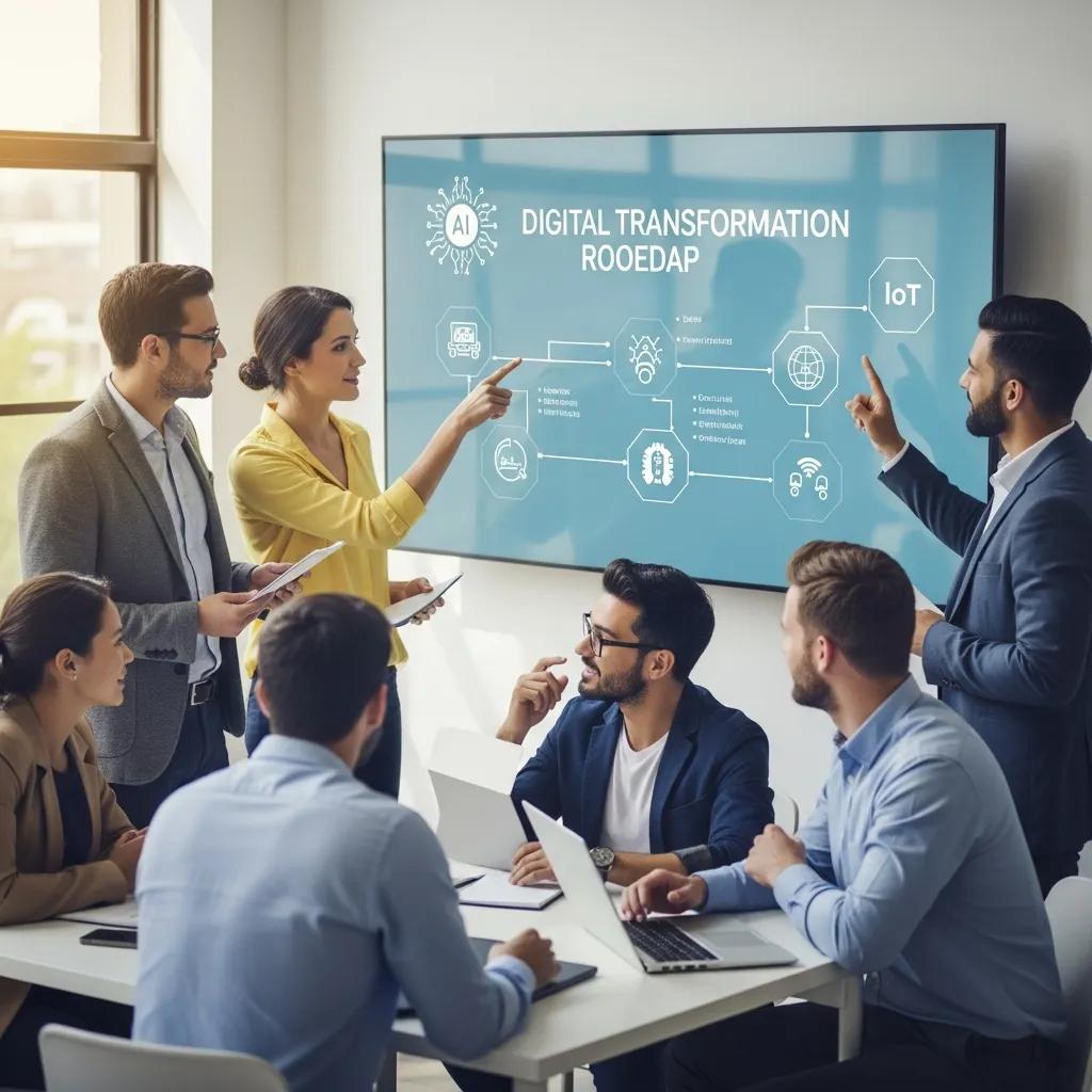 Professionals collaborating on a digital transformation roadmap, discussing technology adoption strategies in a modern office setting, with a presentation screen displaying "Digital Transformation Roadmap" and related concepts.