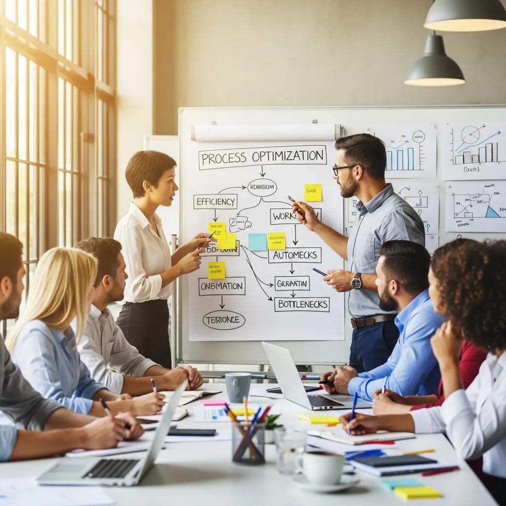 Team brainstorming session focused on process optimization, discussing efficiency and workflow improvements, with visual aids on a whiteboard.