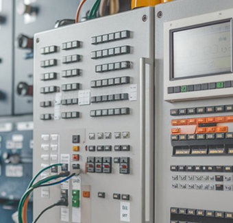 Industrial control panel with rows of push buttons and a display screen on a factory floor.