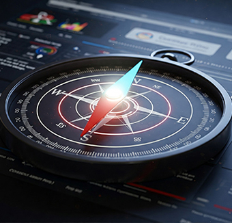 Compass resting on a digital analytics dashboard, representing search strategy direction.